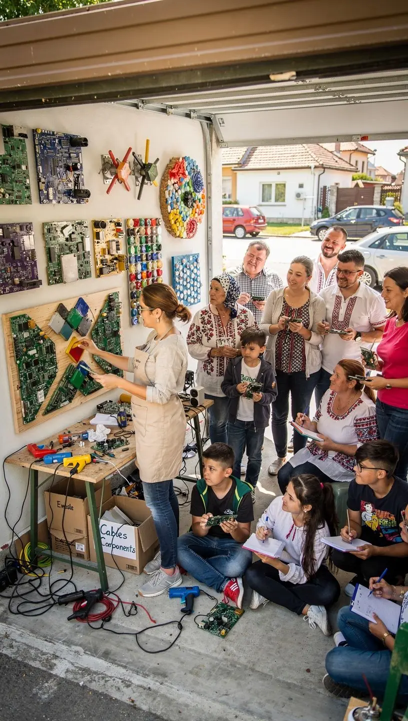 Grup de vecini folosind o aplicație mobilă pentru a raporta probleme tehnice și a îmbunătăți infrastructura locală.